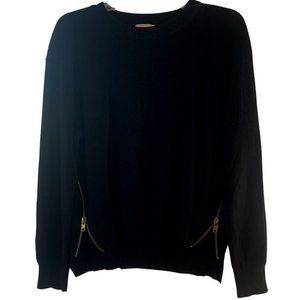 Re:named Black Crew Neck Viscose Sweater With Side Gold Zippers and Ribbed Cuffs